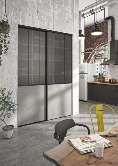 Porte Atelier 
Toile Minéral et Verre Dépoli Blanc - Profil Premier Noir.